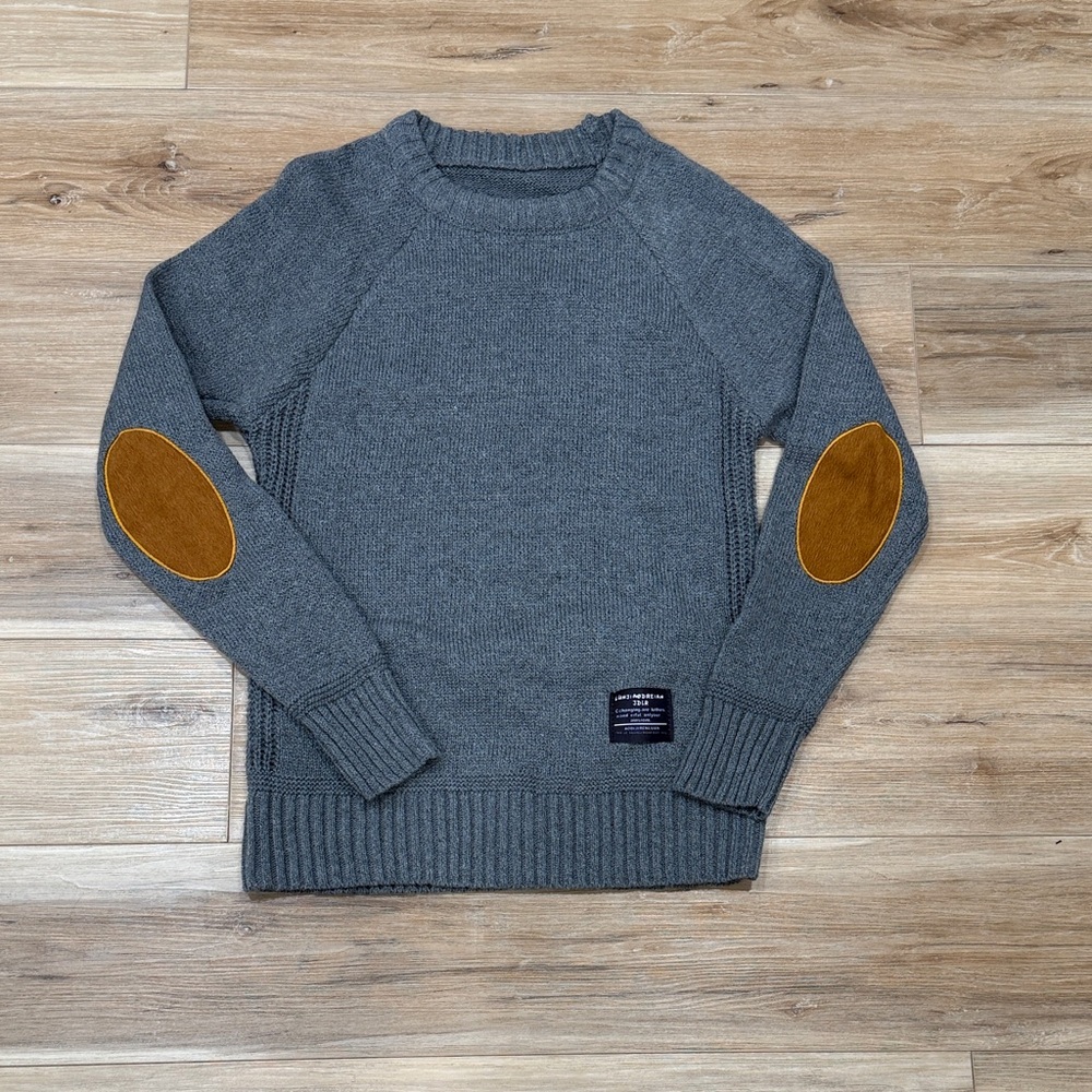 Gray Crewneck Sweater with Tan Elbow Patches
